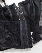 Sexy PU Leather Stitching Lace See-through Strappy Lingerie Set