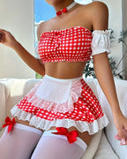 Sexy Colorblock Plaid Lace Maid Outfit