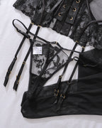 Embroidered Floral See-Through Sexy Hollow Strap Body Shaping Underwear Two-Piece Set with Stockings