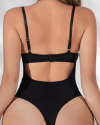 Retro Printed Mesh and PU Leather Cross-Strap Bow Bodysuit