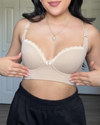 Women's Lace Trim Wide Back Underwire Long Body Shaping Push-up Bra
