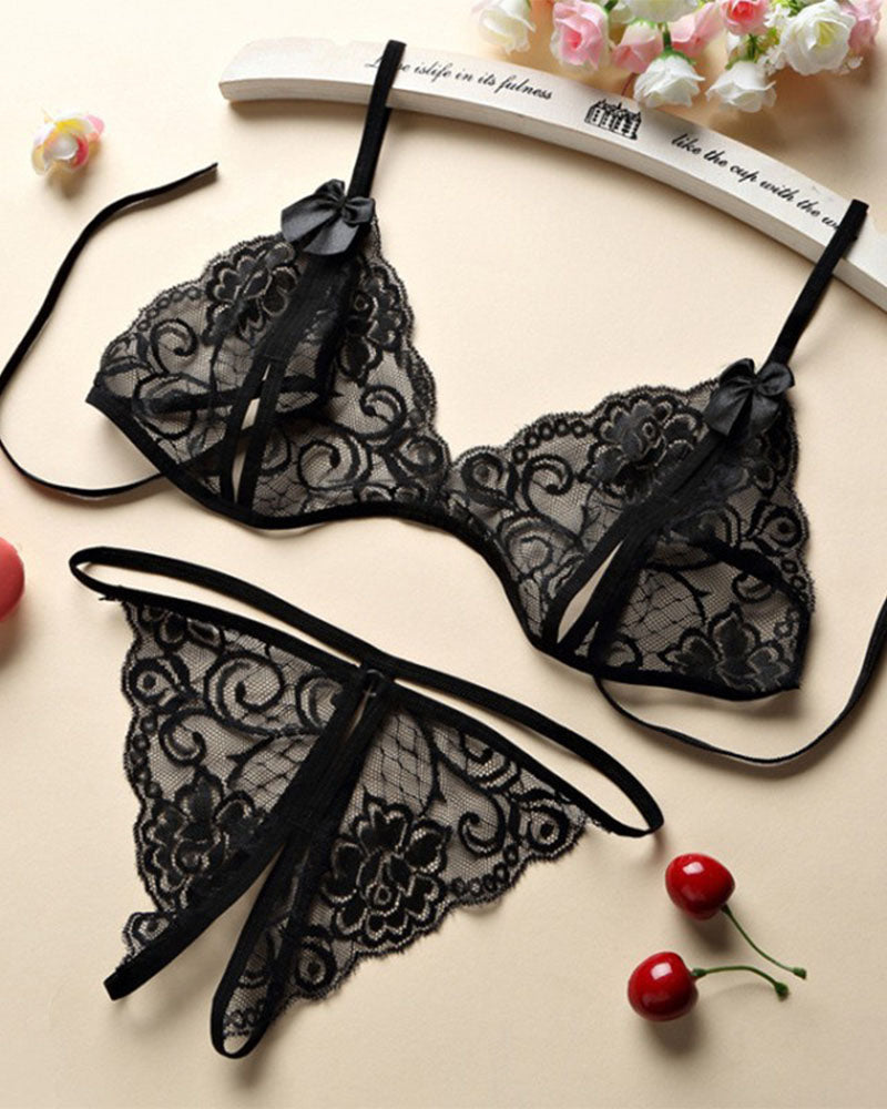 Open Crotch Three-point Two-piece Sexy Lace Underwear Women's Sexy Passion Thong