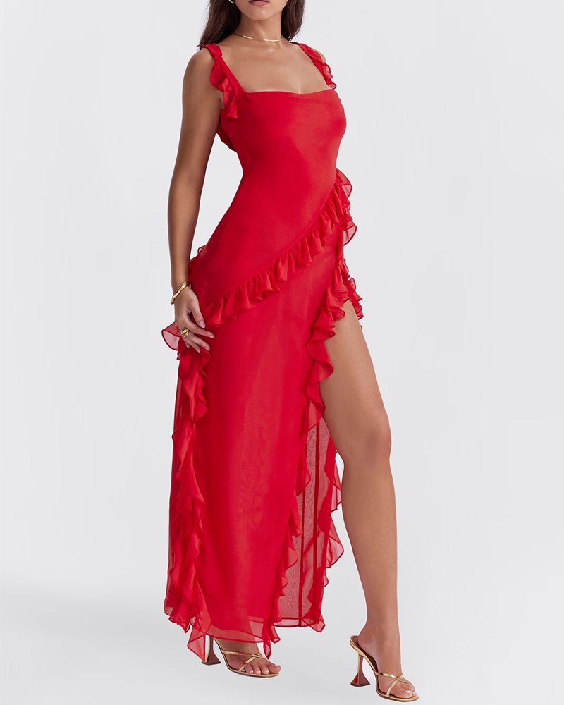 Sexy Ruffle Trim Slit Maxi Dress