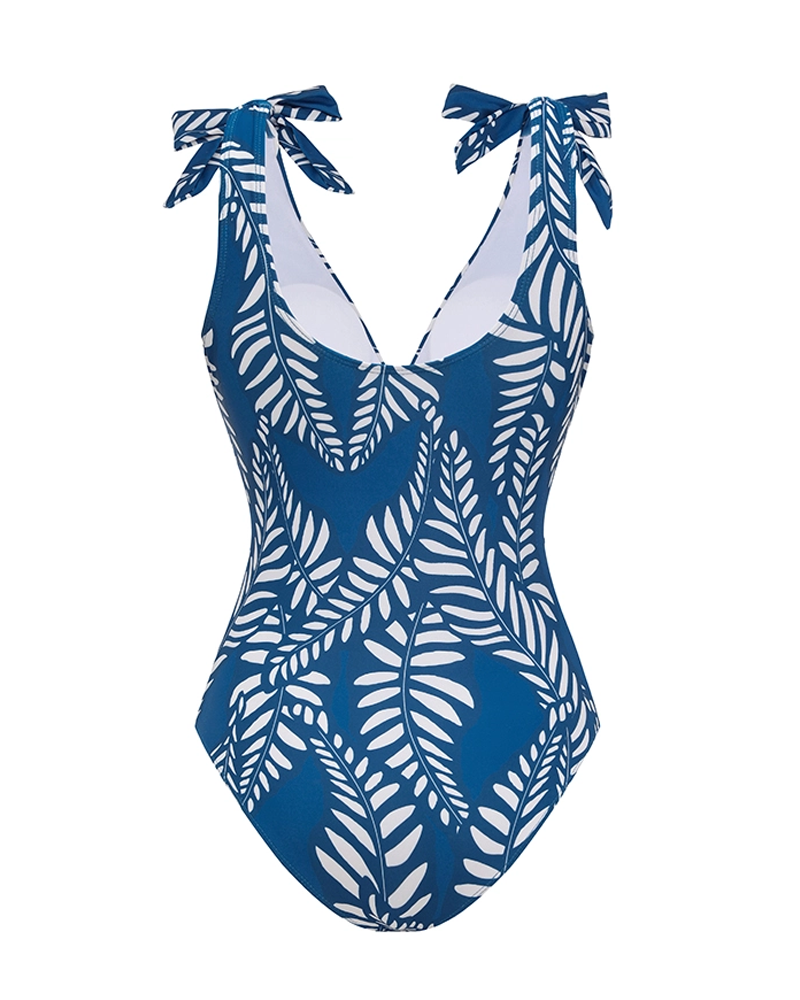 Sling Blue Tassel Leaves Print Cut Out Swimsuit Set