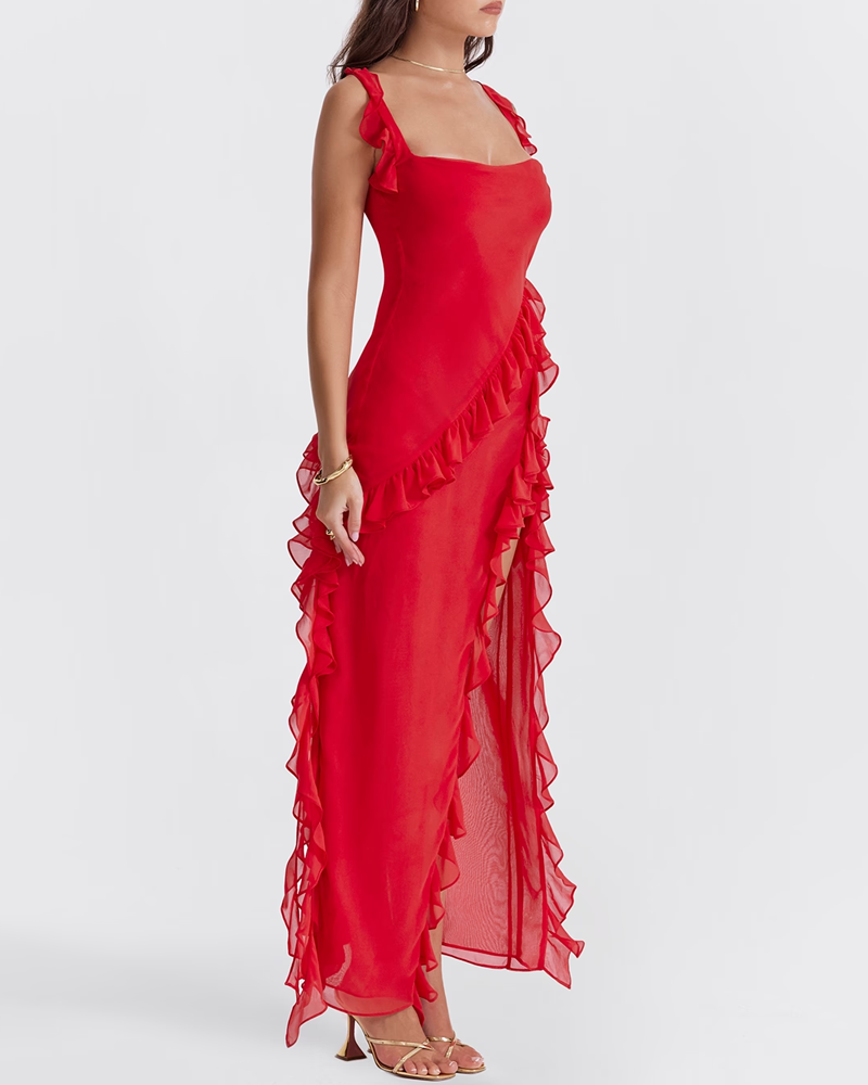 Sexy Ruffle Trim Slit Maxi Dress