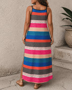 Women's Rainbow Striped V Neck Spaghetti Strap Long Dress
