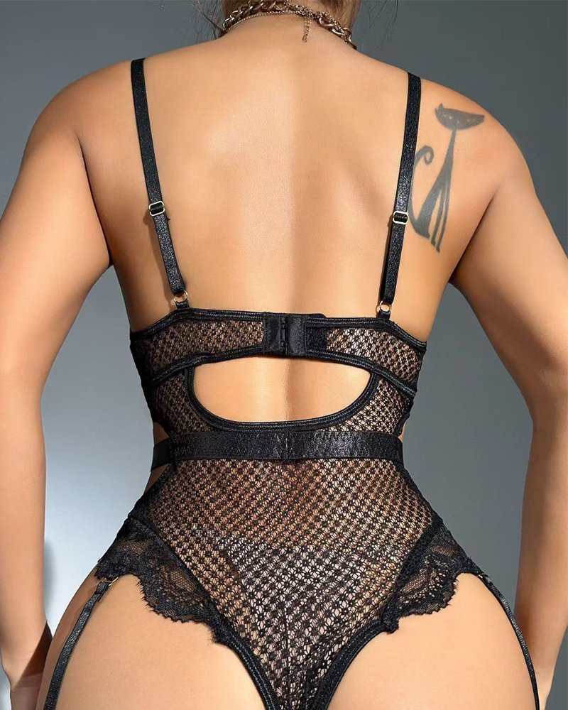 Sexy Metal Chain Lace Mesh Shaping Bodysuit