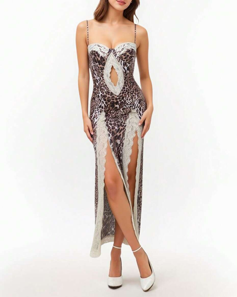 Sexy Leopard Print Strappy Lace Patchwork Slit Crop Dress