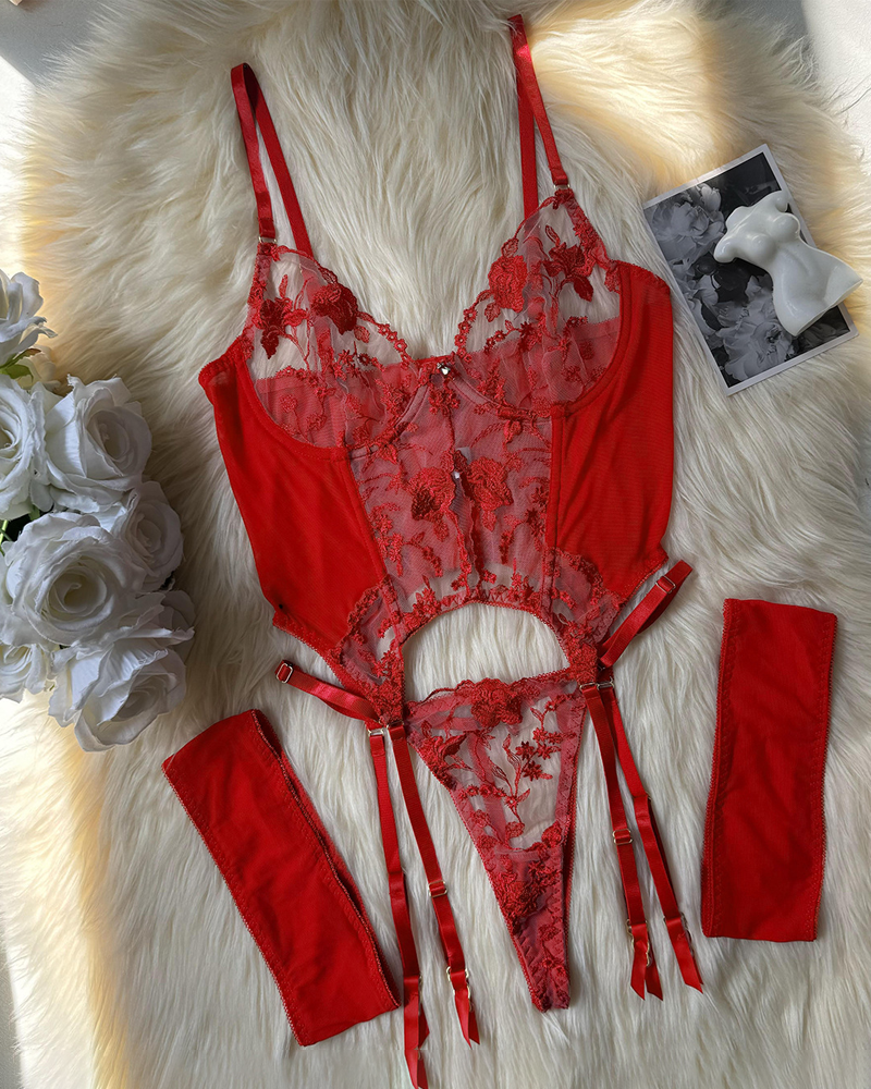 Sexy Sheer Embroidered Mesh Lingerie Set