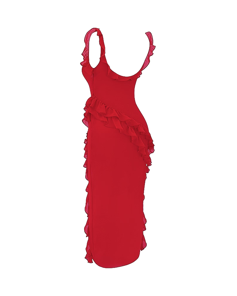 Sexy Ruffle Trim Slit Maxi Dress