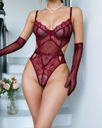 Sexy Lace Mesh Shaping Cutout Bodysuit with Gloves