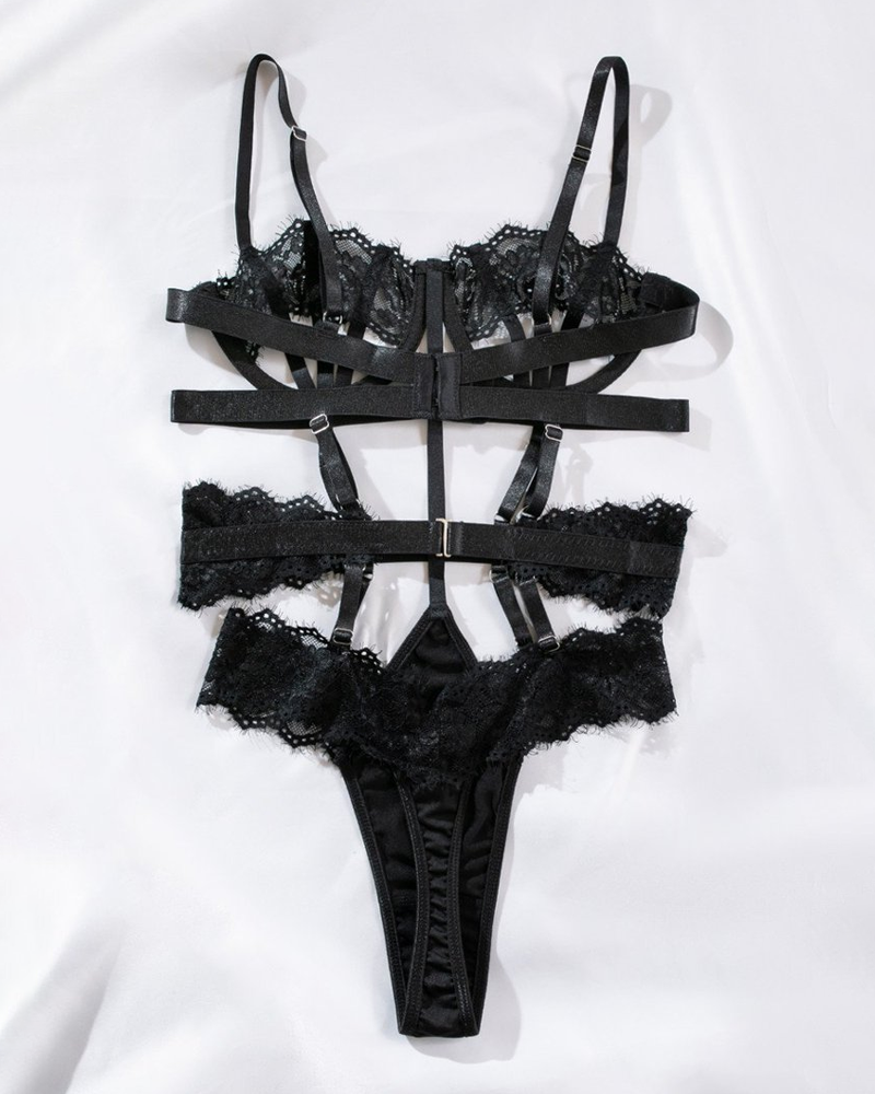 Sexy Lace Embroidered Sheer Cut-Out Teddy Bodysuit