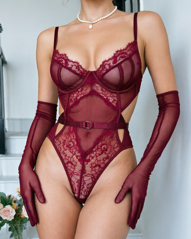 Sexy Lace Mesh Shaping Cutout Bodysuit with Gloves