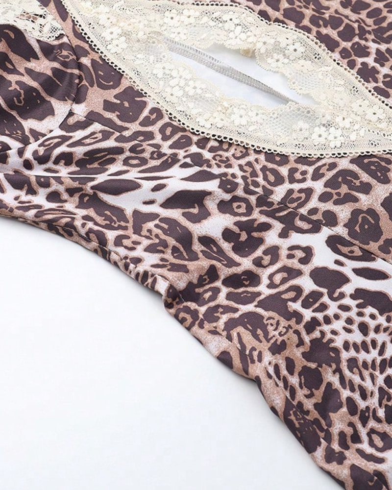 Sexy Leopard Print Strappy Lace Patchwork Slit Crop Dress