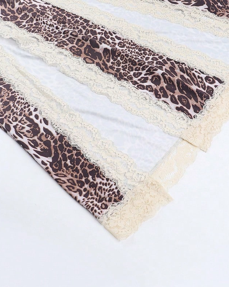 Sexy Leopard Print Strappy Lace Patchwork Slit Crop Dress