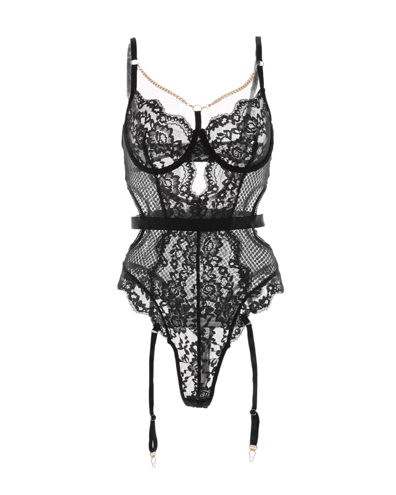 Sexy Metal Chain Lace Mesh Shaping Bodysuit