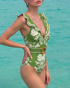 V Neck Ruffle Green Retro Printed Swimsuit Set