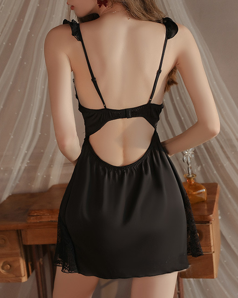 Satin Lace Sheer Backless Slip Nightdress