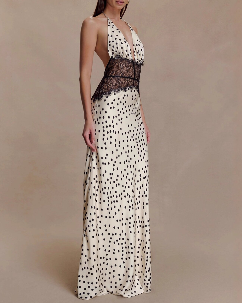Elegant V-Neck Halter Lace and Satin Patchwork Maxi Dress