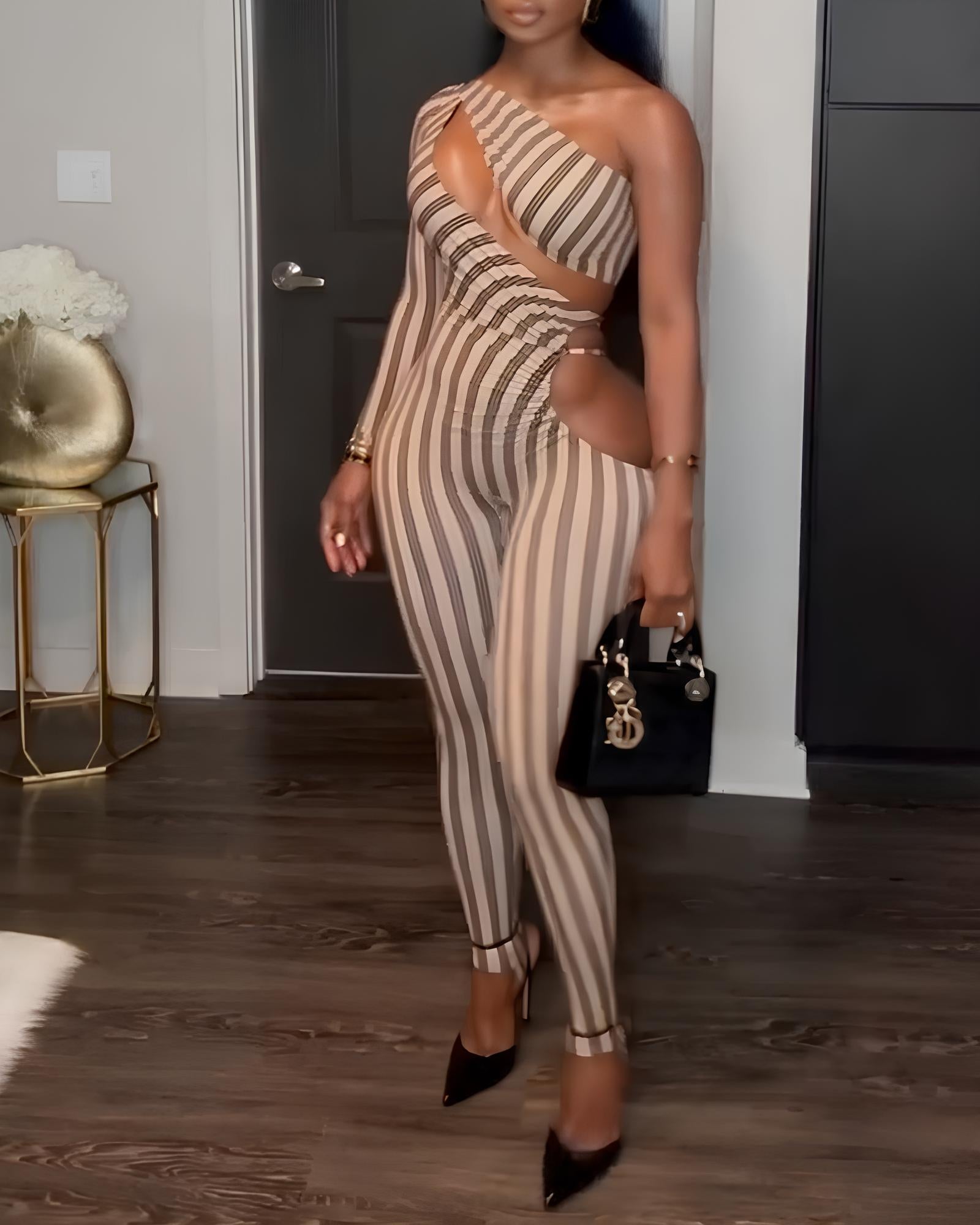Sexy Striped Colorblock One-shoulder Cutout Long-sleeved Stretch Jumpsuit