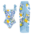 Lemon Print Tie-shoulder One Piece Swimsuit and Sarong