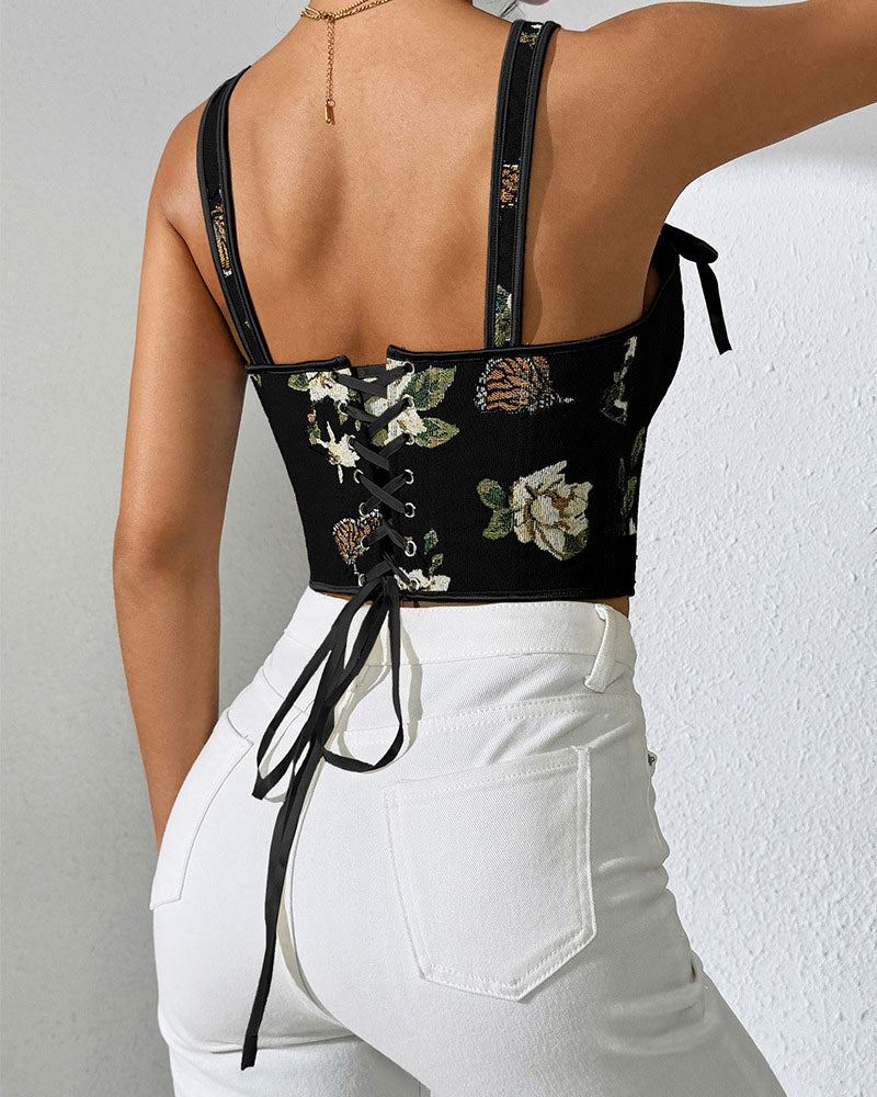French Style Bow Lace-Up Floral Sexy Body Shaper Women's Sling Printed Slim-Fit Vest Corset