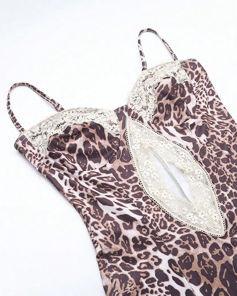 Sexy Leopard Print Strappy Lace Patchwork Slit Crop Dress
