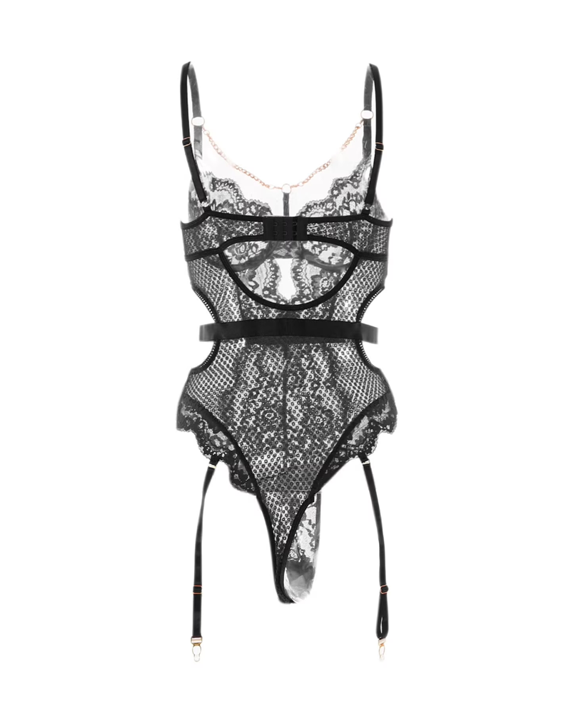 Sexy Metal Chain Lace Mesh Shaping Bodysuit