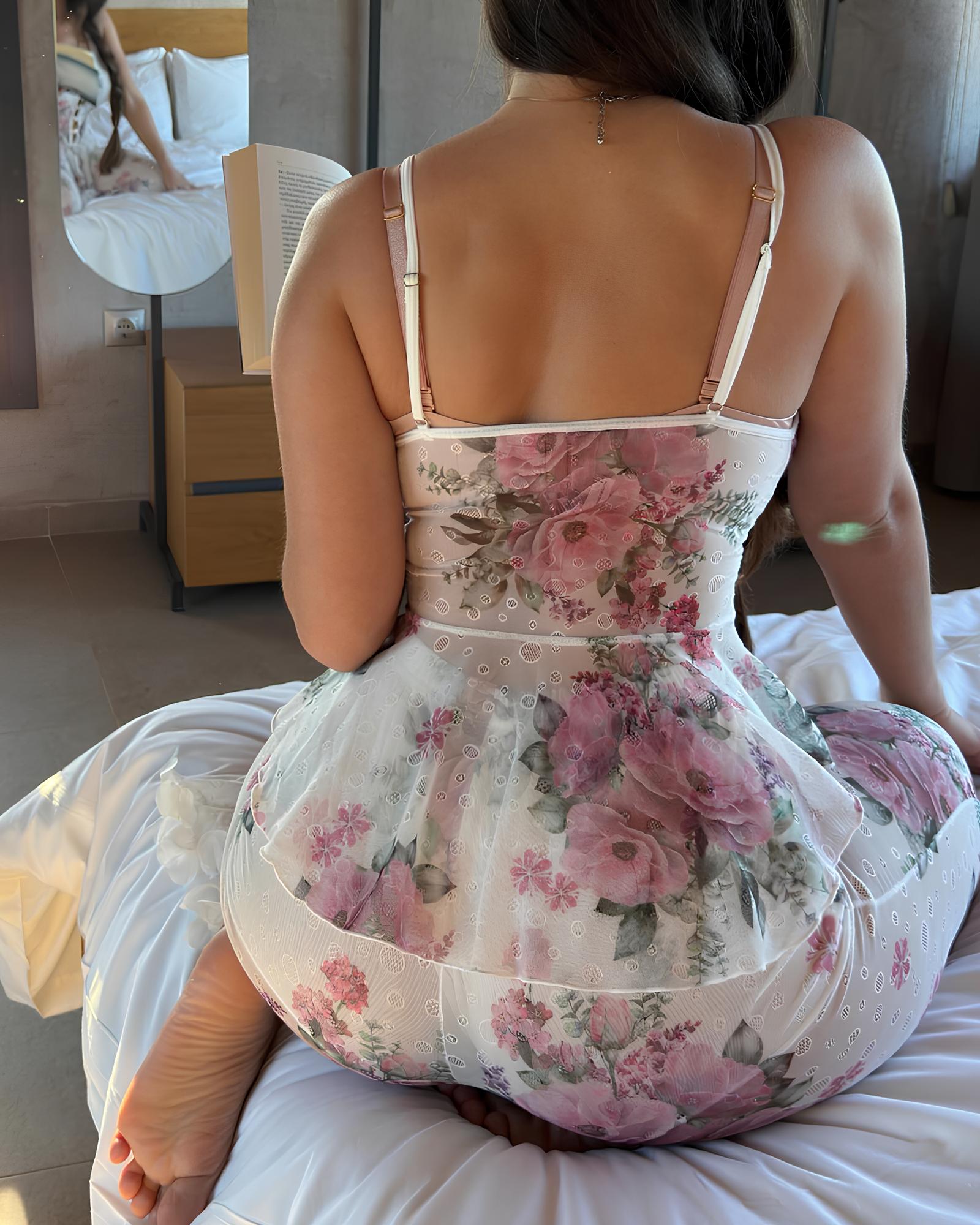 Sexy Floral Mesh See-through Ruffled Camisole and Trousers Pajama Set