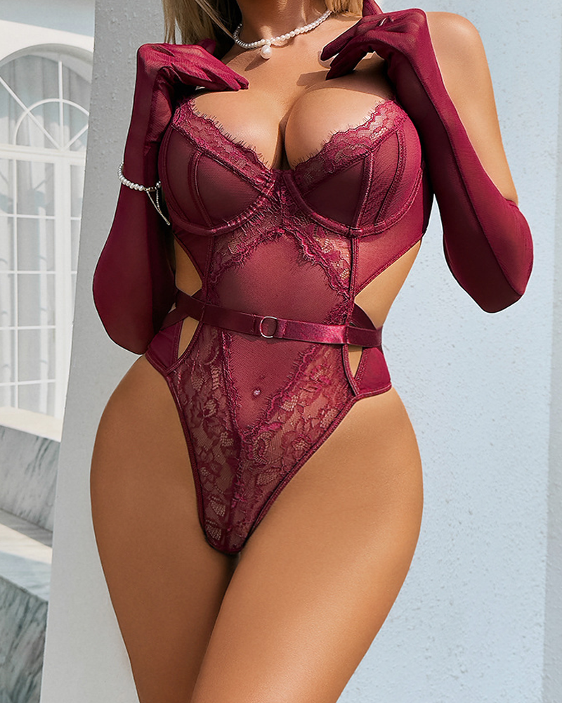 Sexy Lace Mesh Shaping Cutout Bodysuit with Gloves