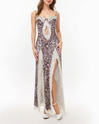 Sexy Leopard Print Strappy Lace Patchwork Slit Crop Dress