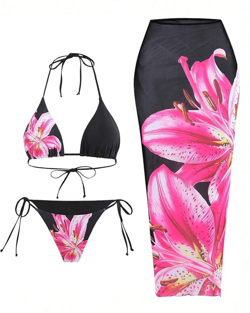 Women's Bikini Sets Floral Print Halter Tie Back Swimsuit with Cover Up Skirt