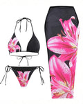 Women's Bikini Sets Floral Print Halter Tie Back Swimsuit with Cover Up Skirt