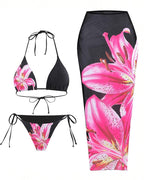 Women's Bikini Sets Floral Print Halter Tie Back Swimsuit with Cover Up Skirt