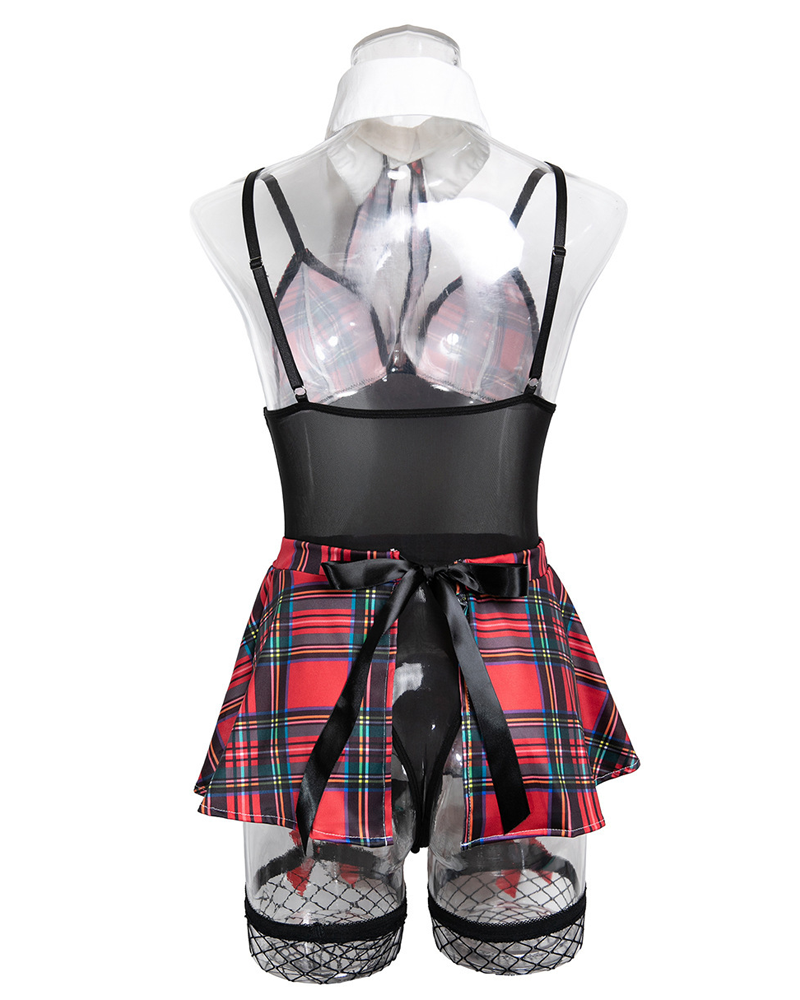 Sexy Sheer Mesh Plaid Patchwork Suspender Bodysuit Lingerie