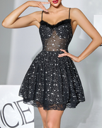 Star Print Mesh Lace Slip Dress with Faux Fur Collar