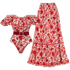 Bandeau Ruffled Red Flower Silhouette Print One Piece Swimsuit and Skirt