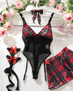 Sexy Sheer Mesh Plaid Patchwork Suspender Bodysuit Lingerie