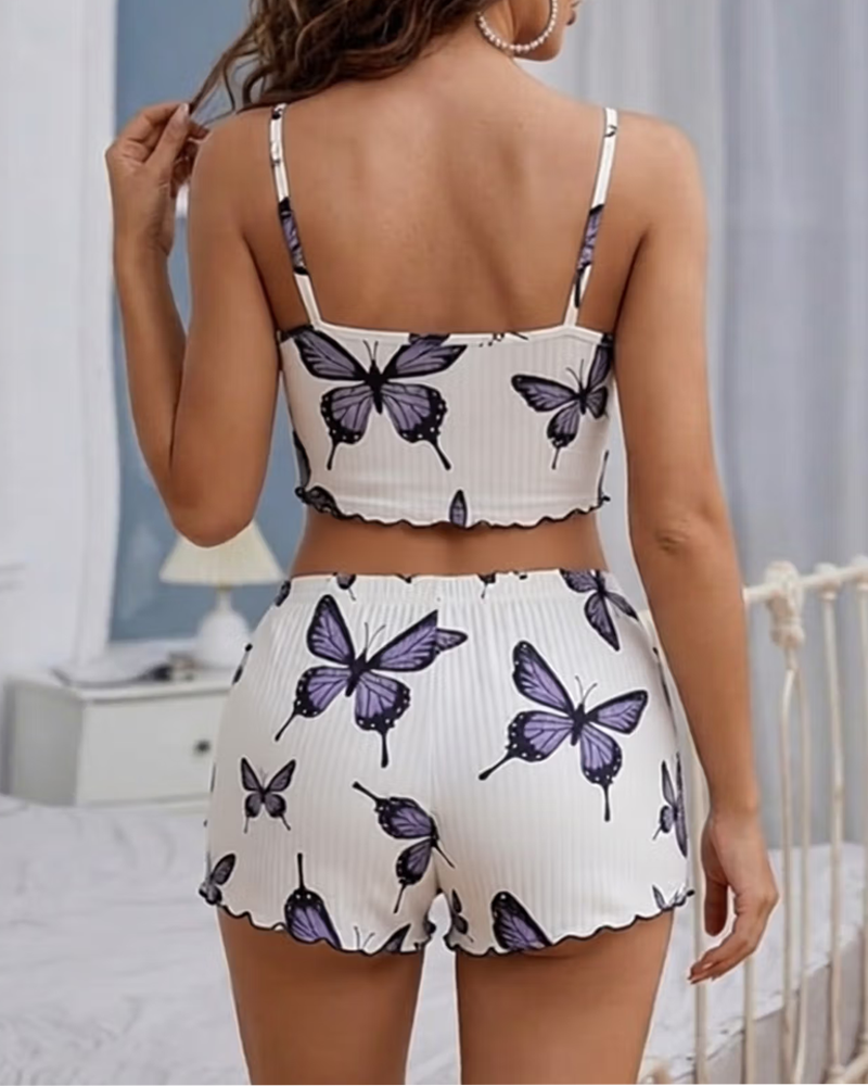 Butterfly Print Spaghetti Strap Pajama Set