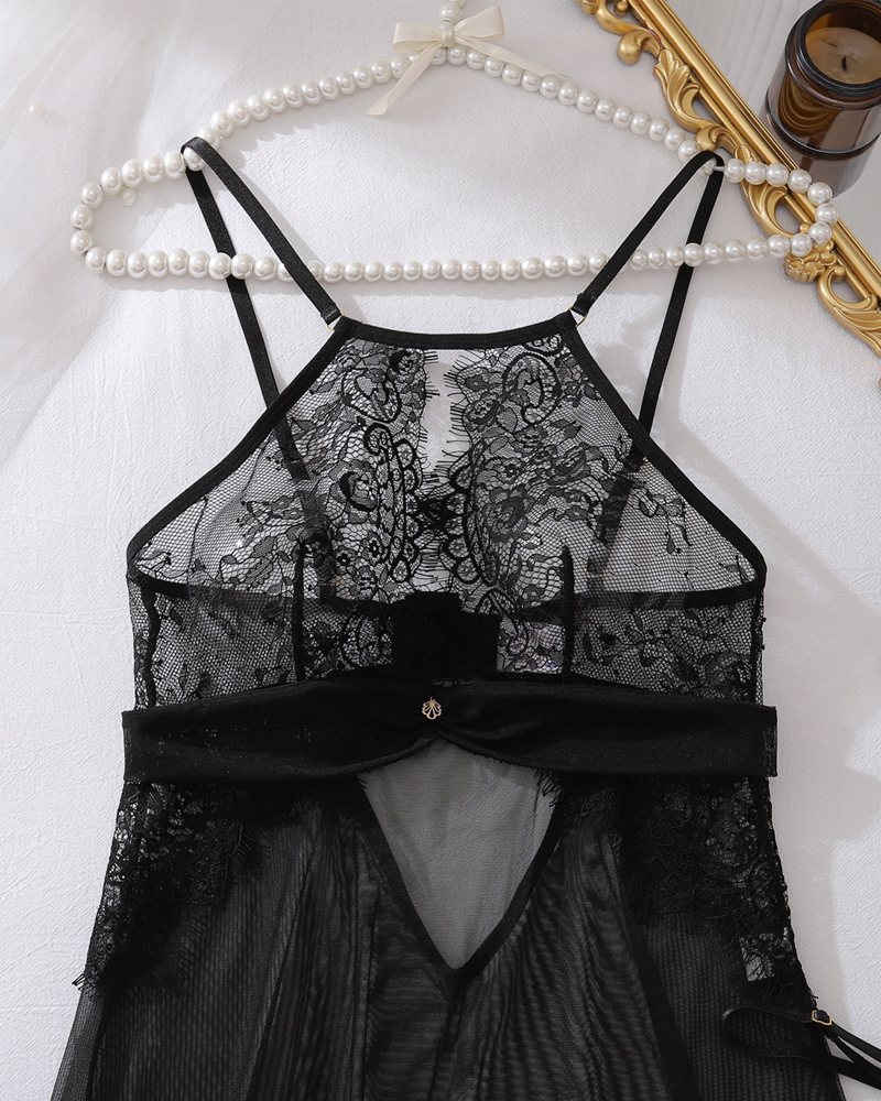 Sexy Eyelash Lace Cutout Sheer Mesh Nightgown with G-String