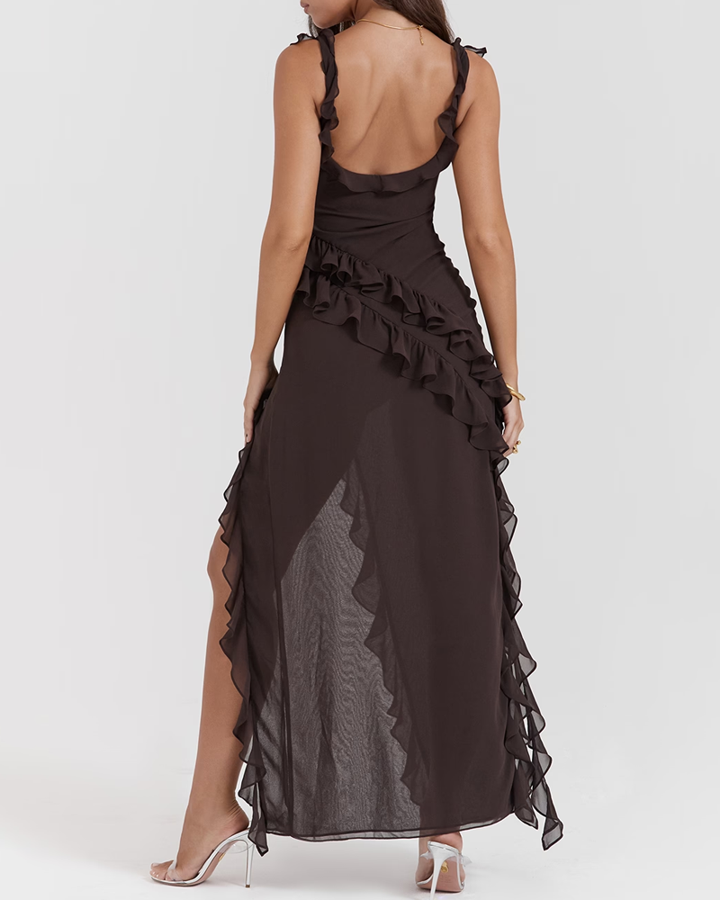 Sexy Ruffle Trim Slit Maxi Dress