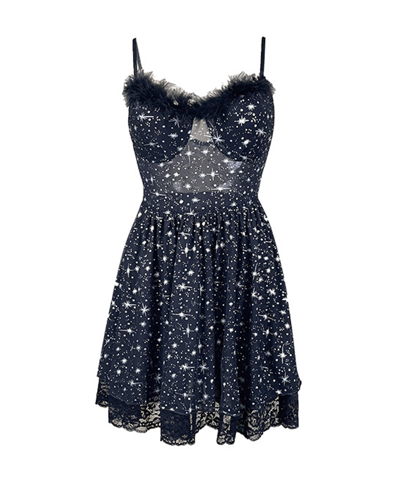 Star Print Mesh Lace Slip Dress with Faux Fur Collar
