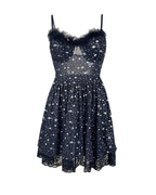 Star Print Mesh Lace Slip Dress with Faux Fur Collar