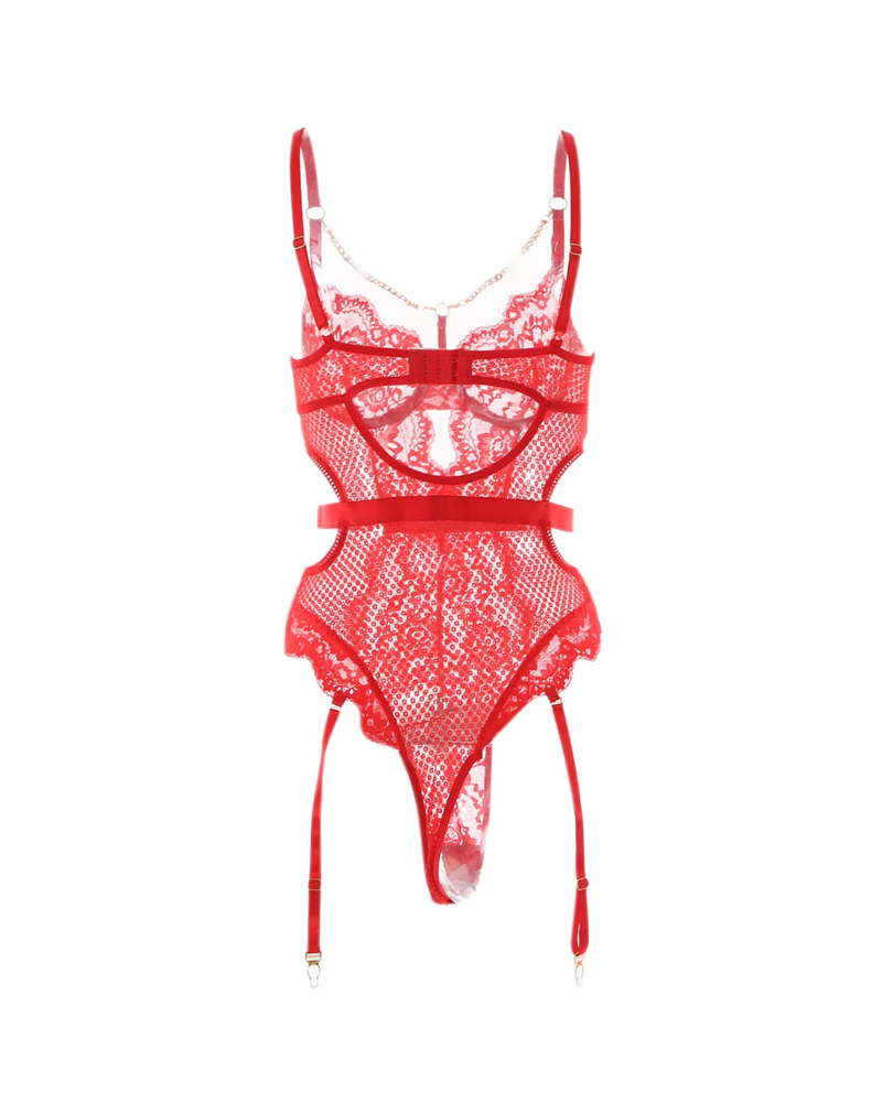 Sexy Metal Chain Lace Mesh Shaping Bodysuit
