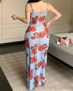 Sexy Rose Print Lace Slit Maxi Dress with Thong