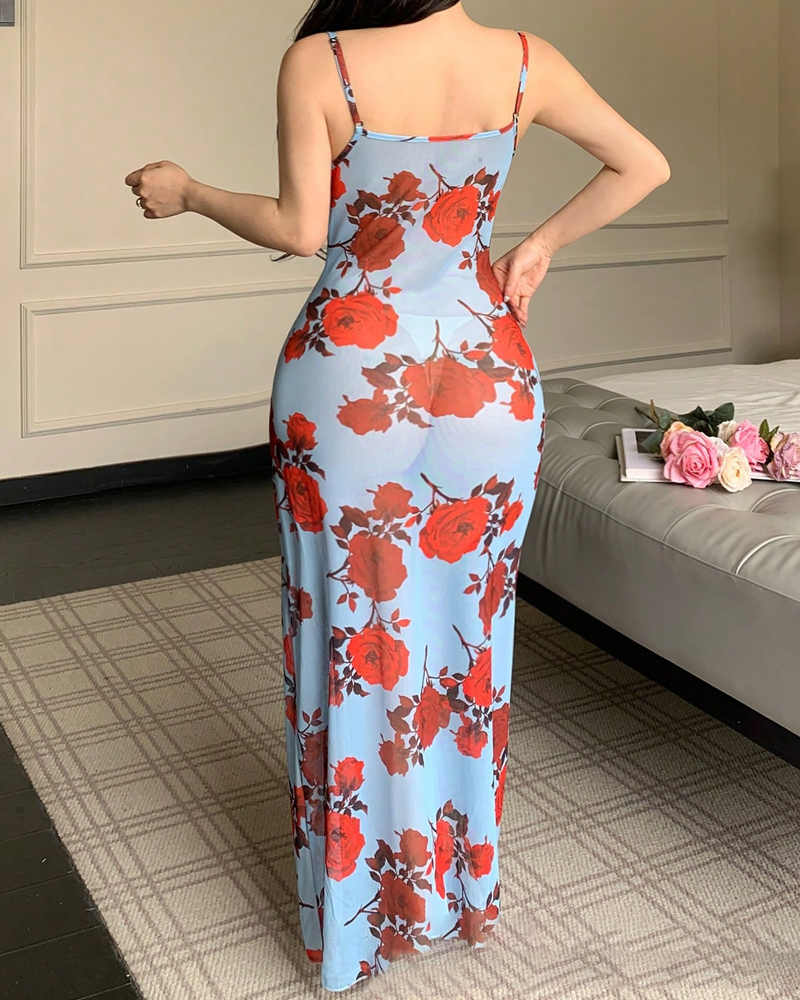 Sexy Rose Print Lace Slit Maxi Dress with Thong