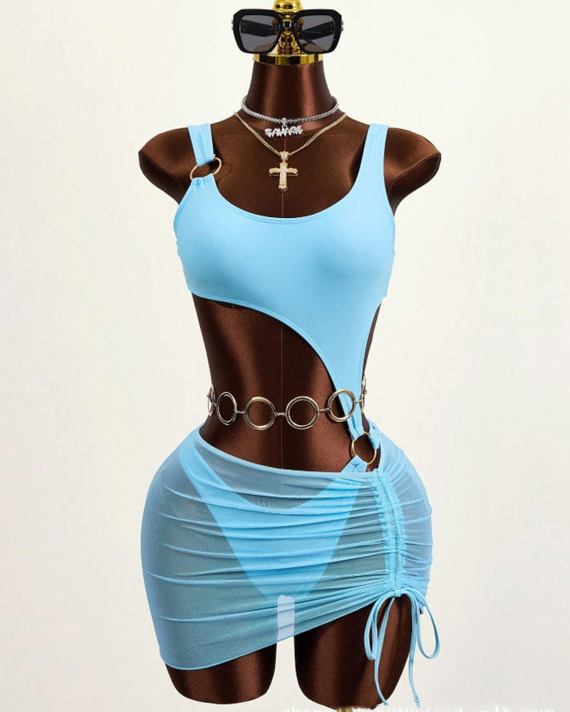 Sexy Sheer Mesh Backless Bikini with Cover-up Set