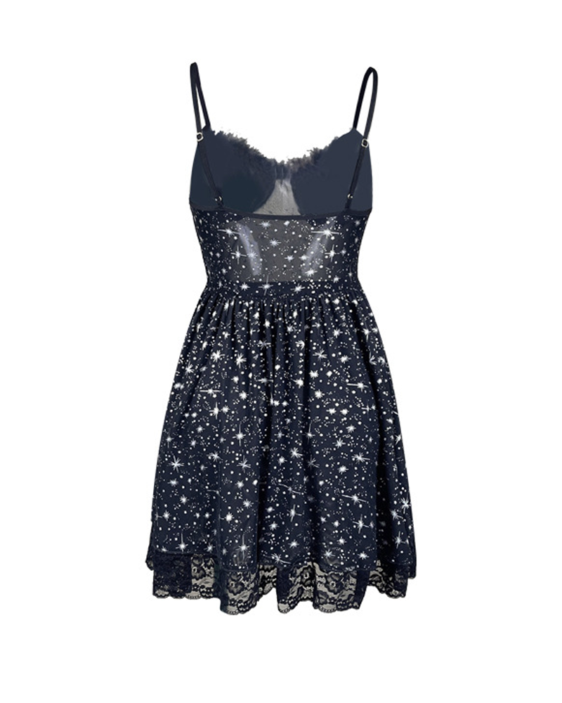 Star Print Mesh Lace Slip Dress with Faux Fur Collar