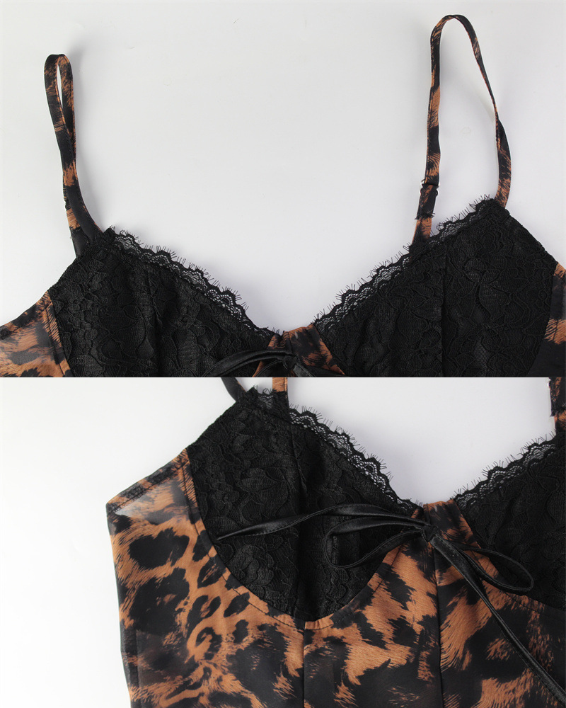 Sexy Leopard Print Mesh Lace-Up Slip Dress