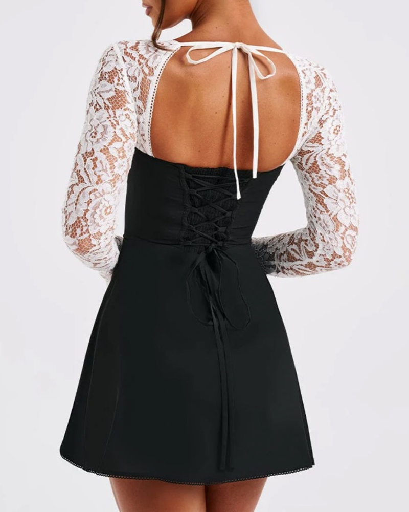 Elegant Lace Long Sleeve Backless Tie-Up Dress